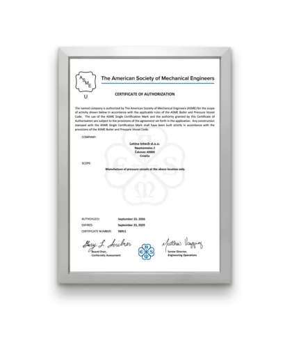 certificate asme bpv letina 2023