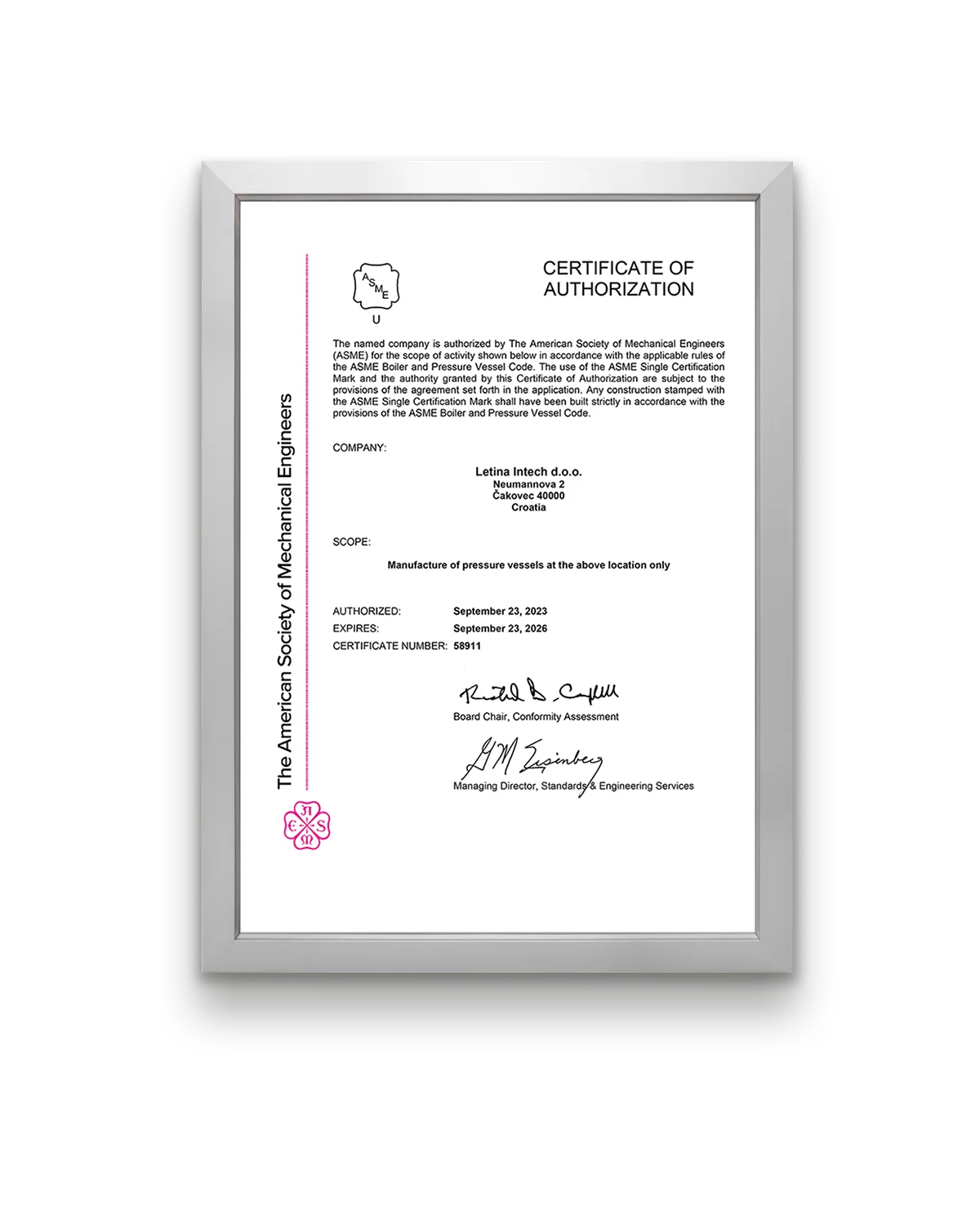 certificate asme bpv letina 2023