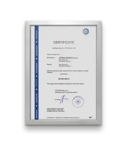 Letina EN ISO 3834-3 certificate.