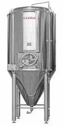 Side view of a stainless steel conical fermenter beer tank from Letina.
