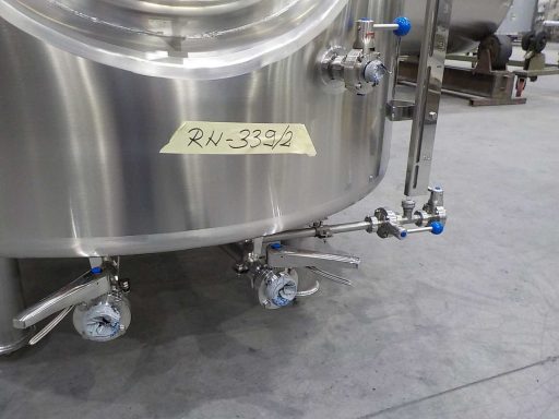 Discharge valves on a 2200 L stainless steel ZBB brite tank for beer carbonation.